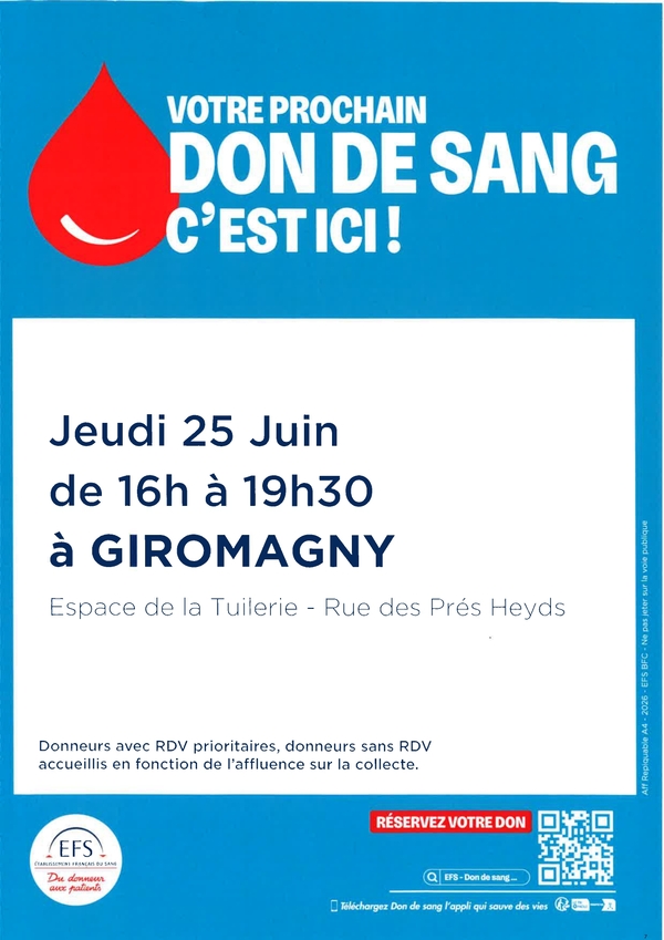 Don de sang à Giromagny - Jeudi 25 juin à 16h