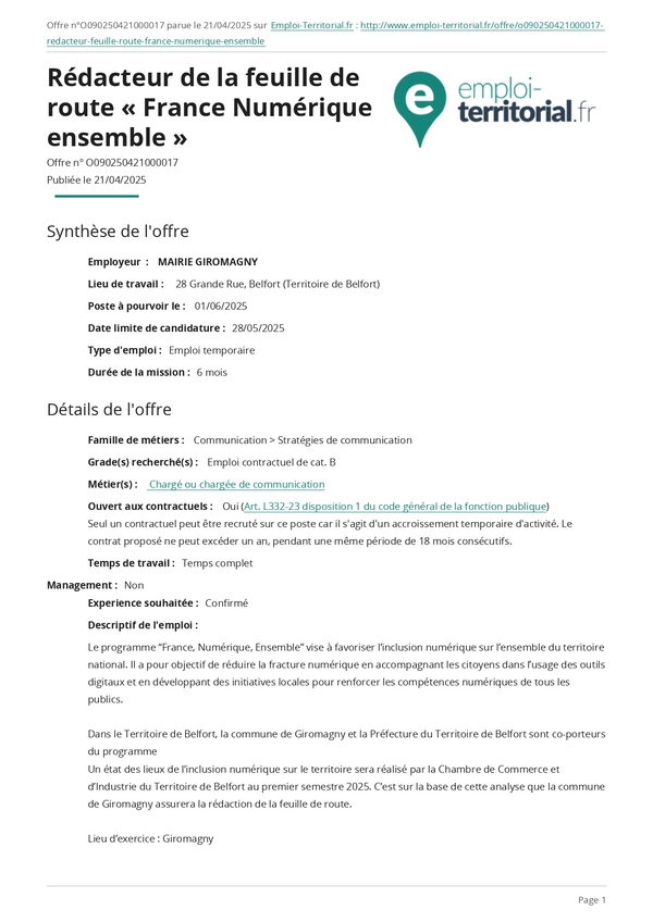 Offre d'emploi - France Numérique Ensemble