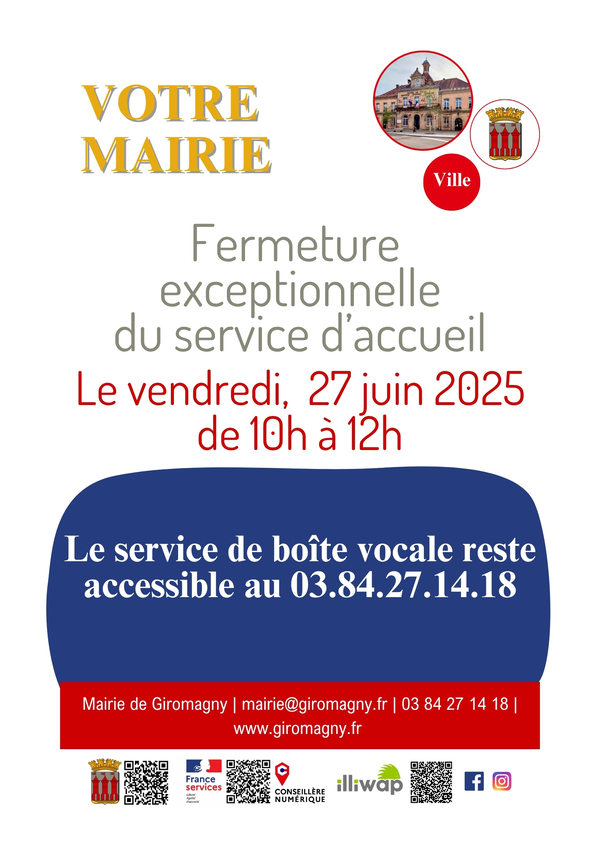 Fermeture de la mairie le 27 juin de 10h à 12h
