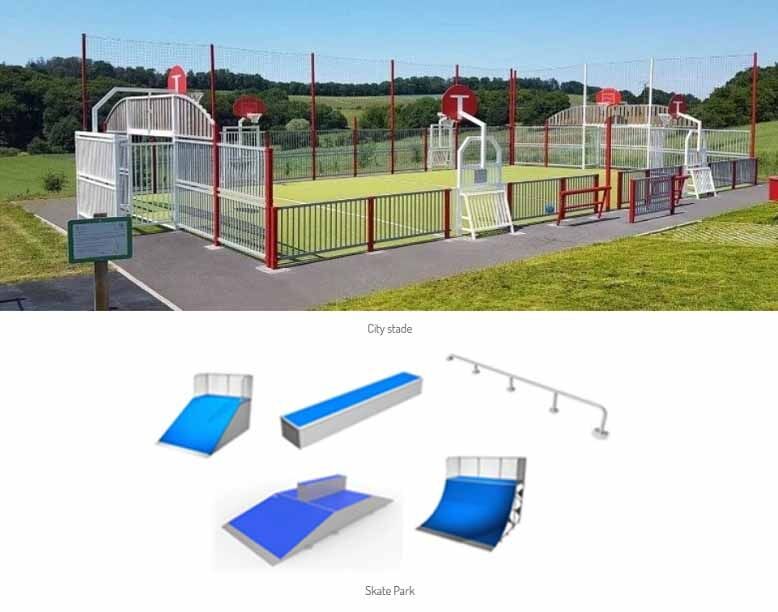 Deux images avec un stade moderne et avec des modules pour un skate park