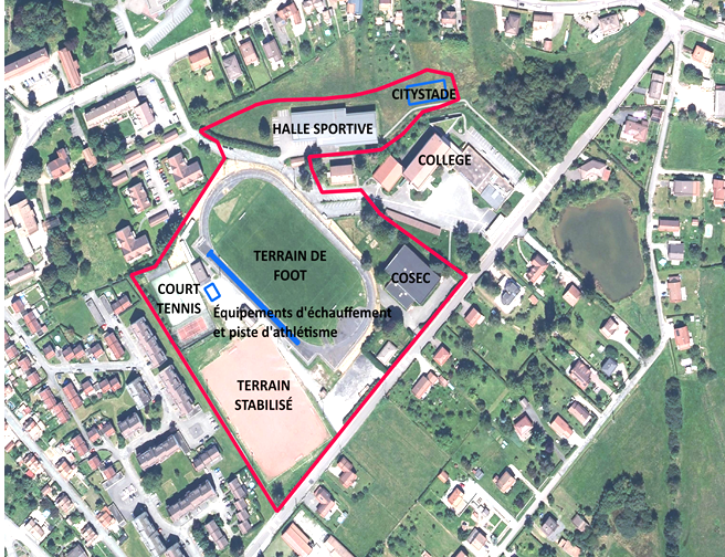Photo du haut sur les infrastructures sportives et le collège entre la rue du colonel Weber et l'avenue Jean Moulin, avec lien sur la page - Aménagement d’un pôle sportif pour les jeunes